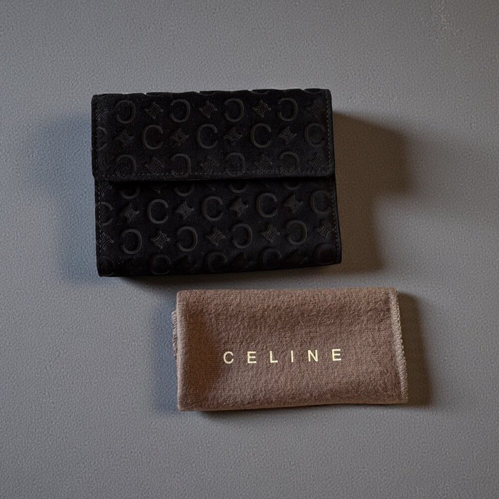 Vintage CELINE Triomphe Monogram Black Suede Wallet | Tan Leather